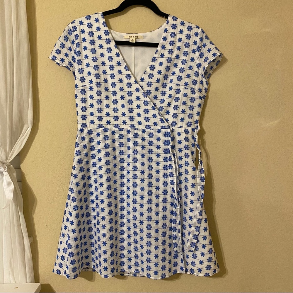 White & Blue Floral Wrap Tie Dress